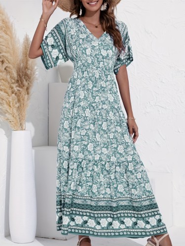 Boho Floral Print Maxi Dress, V Neck Half Sleeve Casual Dress For Summer & Spring, Women's Clothing