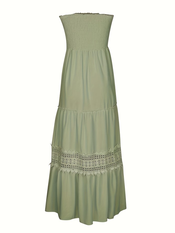 Contrast Lace Shirred Tube Dress, Elegant Off Shoulder Solid Maxi Dress, Women's Clothing