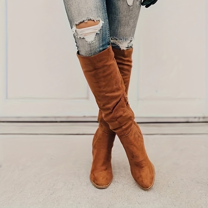 Women's Block Heeled Long Boots, Comfortable Solid Color Side Zipper High Heeled Boots, Winter Knee High Boots