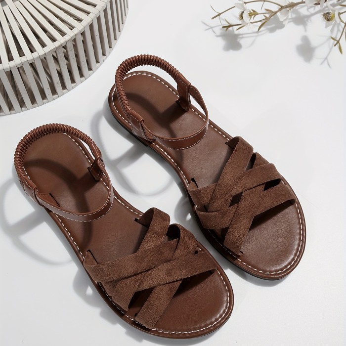 Women's Solid Color Flat Sandals, Casual Cross Strap Summer Beach Shoes, Lightweight Elastic Band Shoes