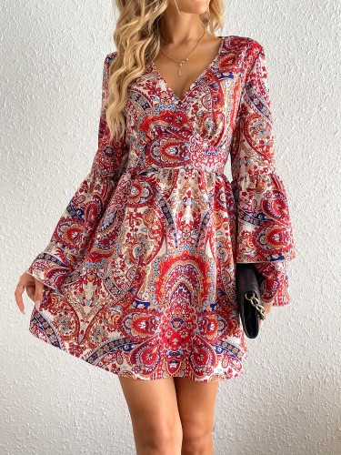 Paisley Print Layered Dress, Boho V Neck Long Sleeve Pleated Dress, Women's Clothing