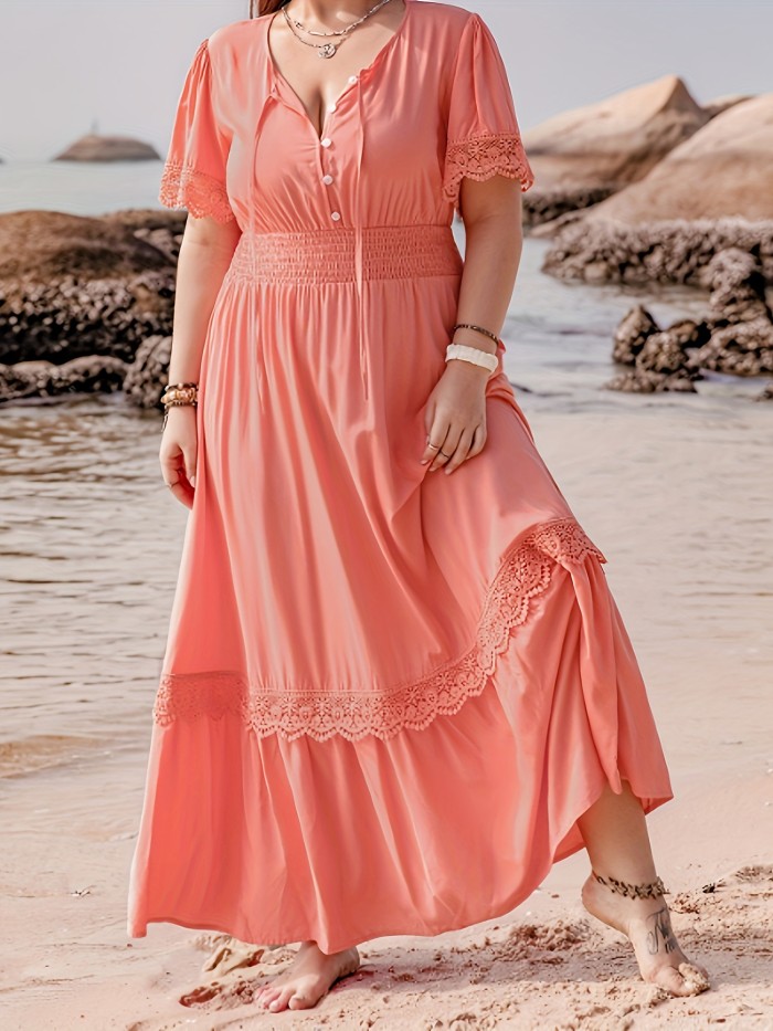 Plus Size Casual Dress, Women's Plus Solid Contrast Lace Short Sleeve Button Up Keyhole Tie Maxi Smock Dress