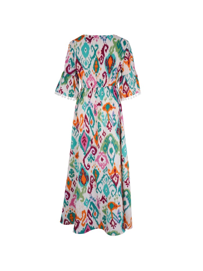Ikat Print Tassel Dress, Vacation V Neck High Waist Maxi Dress, Women's Clothing