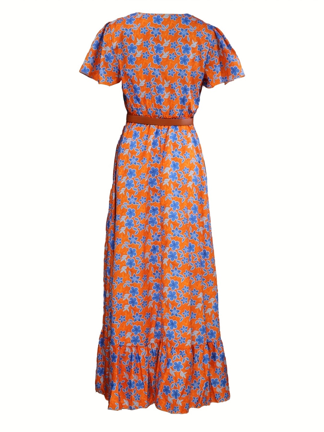 Abstract Floral Surplice V-Neck Waist Tie Long Sleeves Maxi Dress
