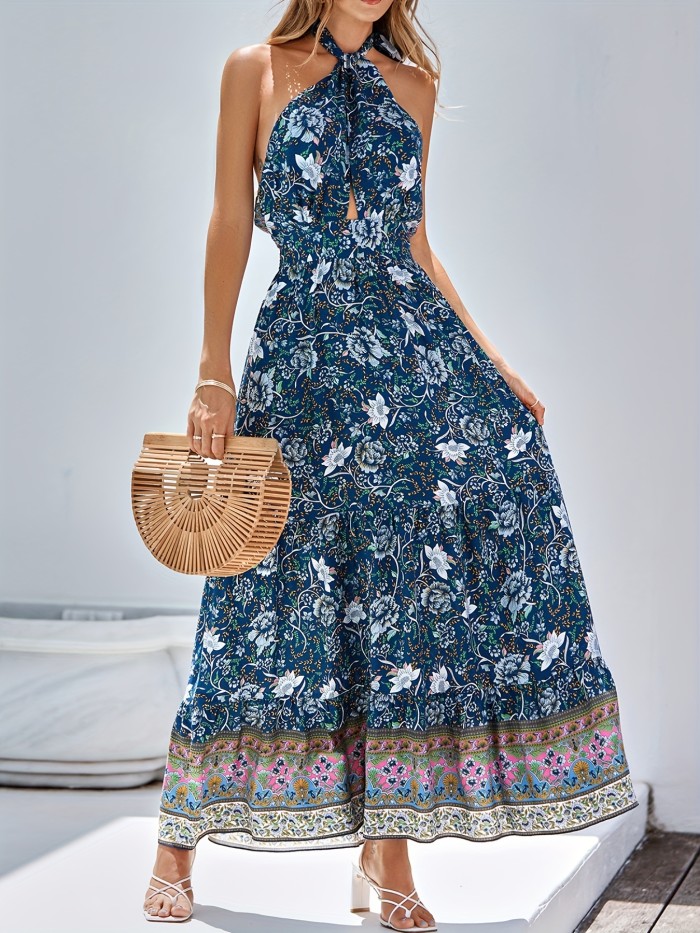 Floral Print Halter Neck Dress, Boho Vacation Sleeveless Maxi Dress, Women's Clothing