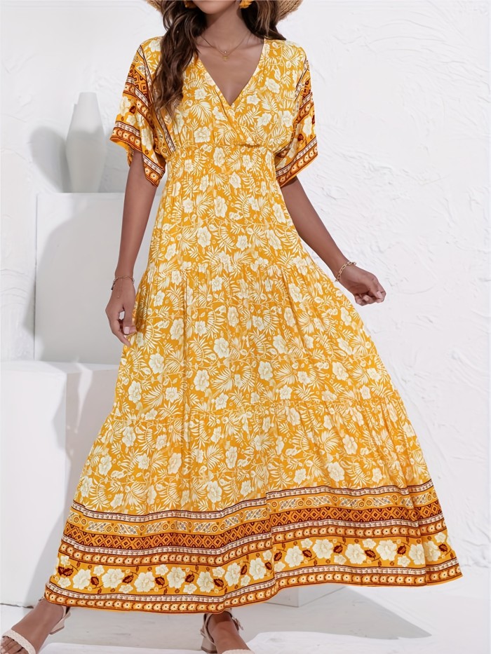 Boho Floral Print Maxi Dress, V Neck Half Sleeve Casual Dress For Summer & Spring, Women's Clothing