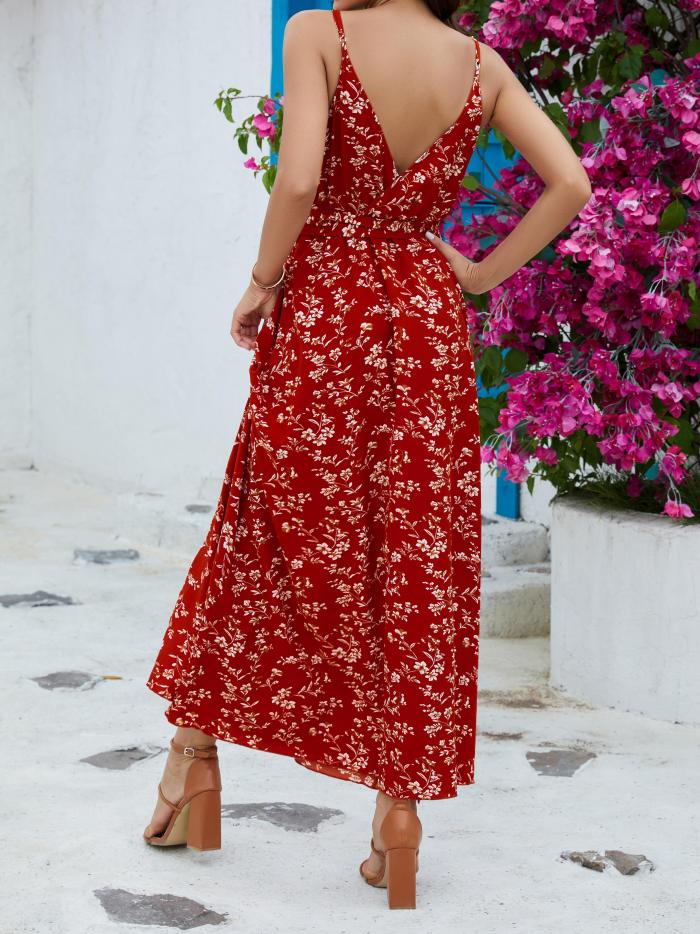 Floral Print Split Thigh Dress, Boho Spaghetti Strap Backless Maxi Dress, Women's Clothing