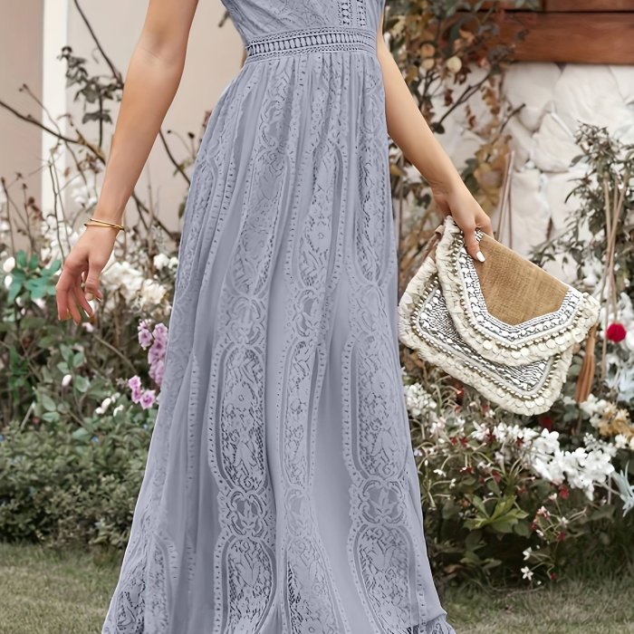 Plus Size Elegant Bridesmaid Dress, Women's Plus Solid Lace Short Sleeve V Neck Maxi Wedding Party Dress