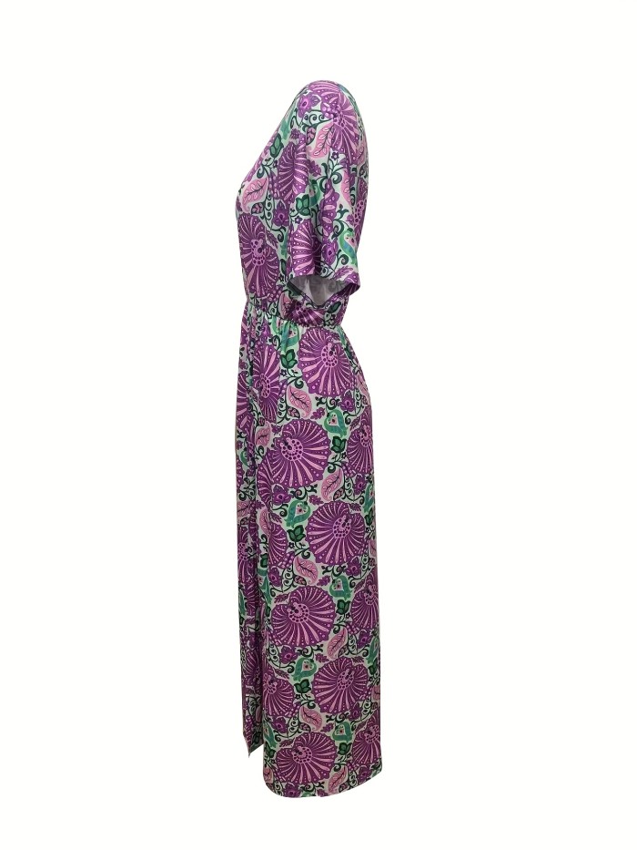 Plus Size Boho Dress, Women's Plus Floral Print Short Sleeve V Neck Split Hem Slight Stretch Maxi Dress