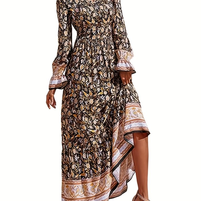 Floral Print Maxi Dress, Boho V Neck Long Sleeve Dress, Women's Clothing