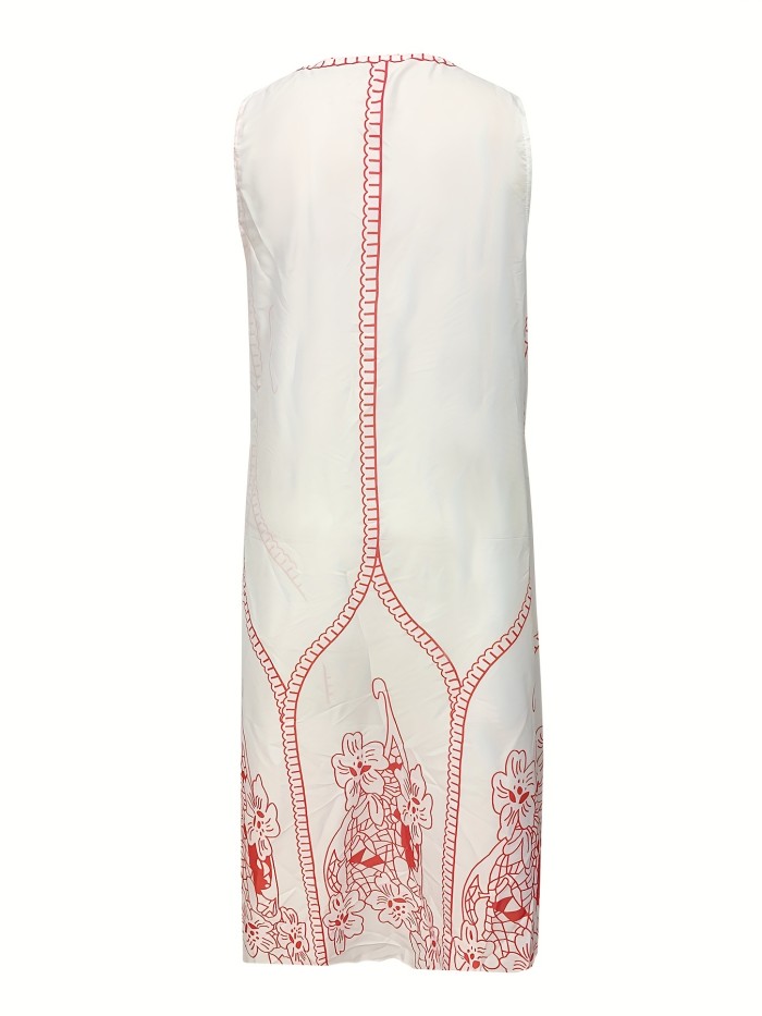 Plus Size Boho Dress, Women's Plus Floral Print Notched Neck Tassel Decor Tank Dress With Pockets