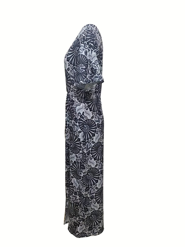 Plus Size Boho Dress, Women's Plus Floral Print Short Sleeve V Neck Split Hem Slight Stretch Maxi Dress