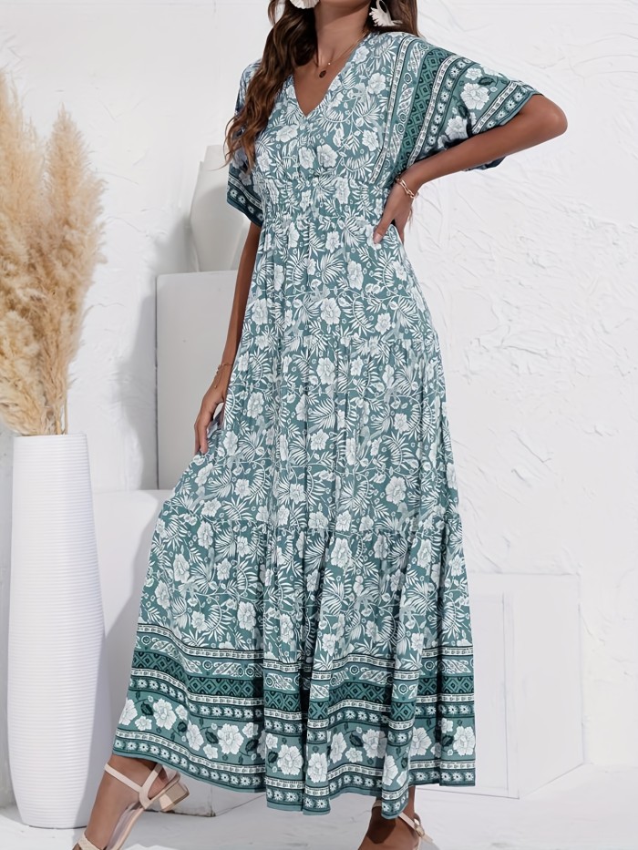 Boho Floral Print Maxi Dress, V Neck Half Sleeve Casual Dress For Summer & Spring, Women's Clothing