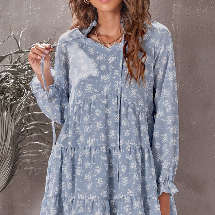 Floral Print Bohemian Dress, Long Sleeve Casual Dress For Spring & Fall, Women's Clothing