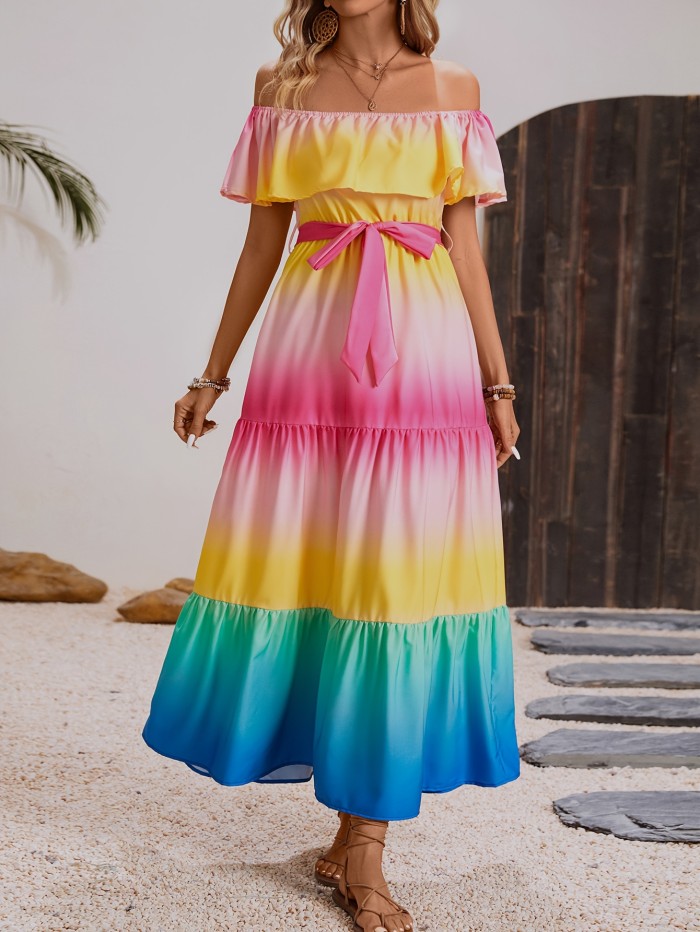 Off Shoulder Colorblock Belted Dress, Layer Ruffle Vacation Dress, Women's Clothing