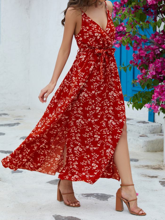 Floral Print Split Thigh Dress, Boho Spaghetti Strap Backless Maxi Dress, Women's Clothing