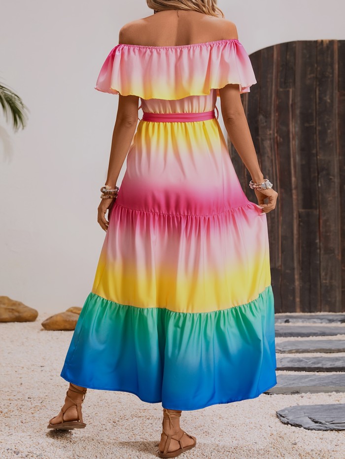 Off Shoulder Colorblock Belted Dress, Layer Ruffle Vacation Dress, Women's Clothing