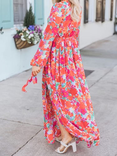 Bohemian Belt Slit Long Dress, Long Sleeve V-neck Lace Up Floral Print Waist Summer Dresses, Women's Clothing