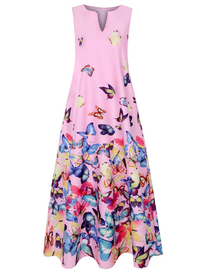 Plus Size Butterfly Print Notched Neck Tank Maxi Dress With Pockets, Women's Plus Casual Long Dress