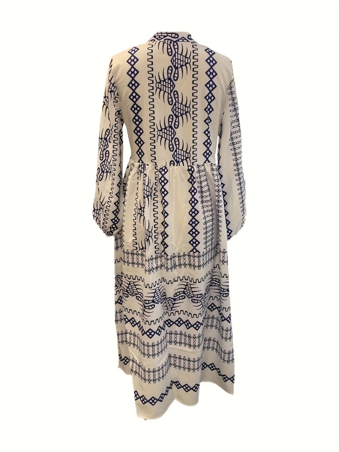 Ethnic Geo Print V Neck Dress, Casual Long Sleeve Dress For Spring & Fall, Women's Clothing