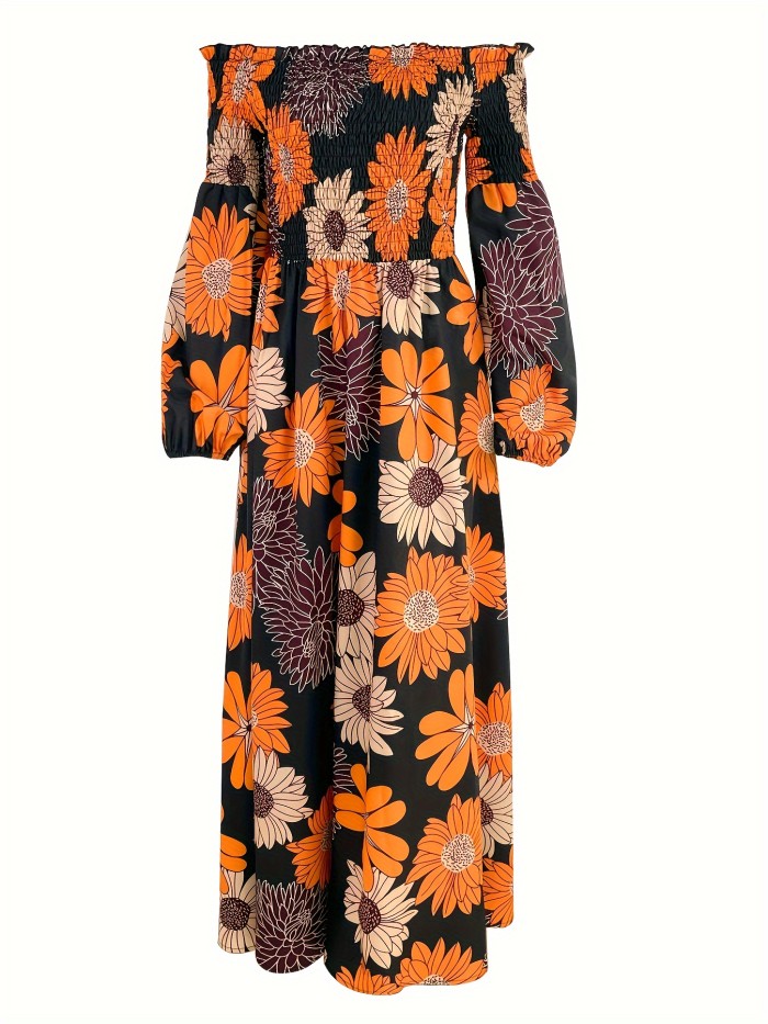 Floral Print Off Shoulder Dress, Elegant Long Sleeve Maxi Dress, Women's Clothing