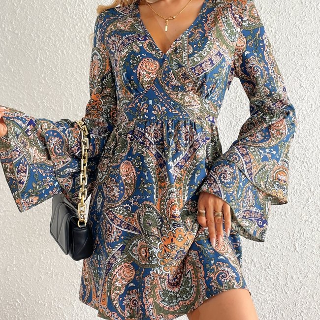 Women s Fashion Polyester Boho Tie Neck Long Sleeve Pleated Day Dress main image 1