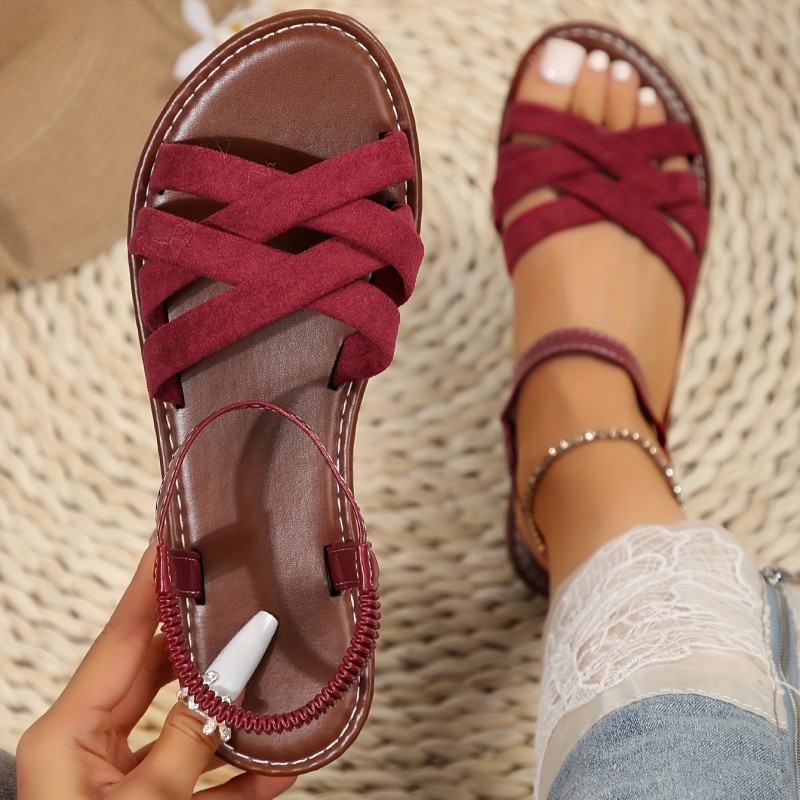 Women's Solid Color Flat Sandals, Casual Cross Strap Summer Beach Shoes, Lightweight Elastic Band Shoes