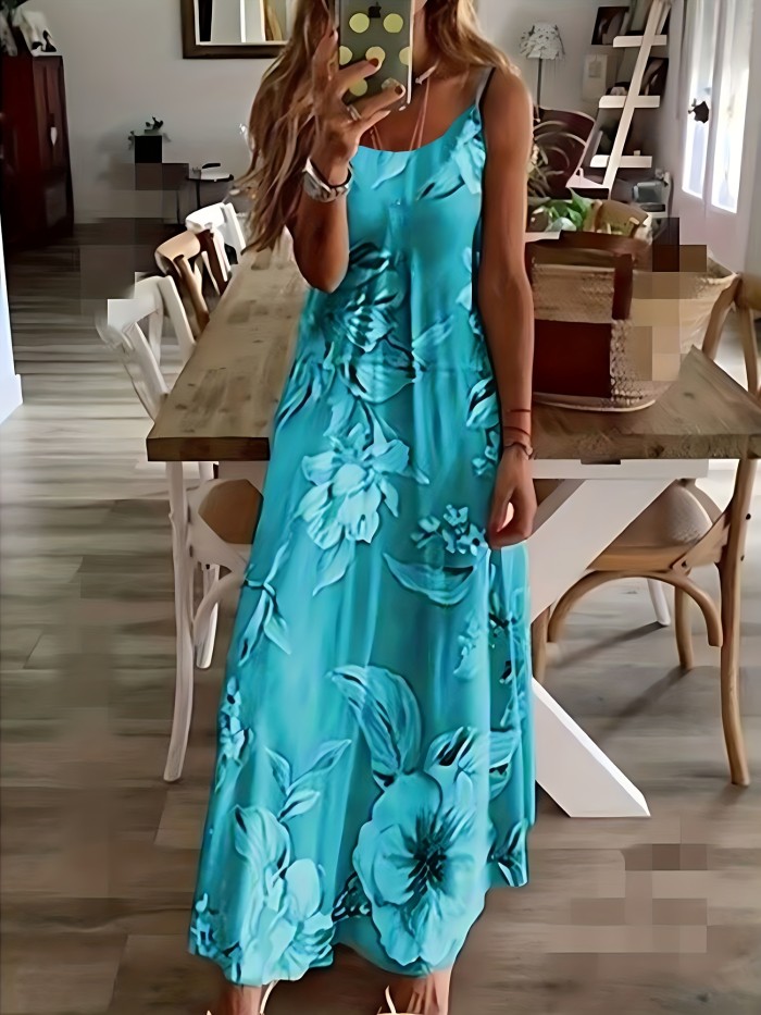 Random Floral Print Spaghetti Dress, Sexy Sleeveless Plunging Maxi Dress, Women's Clothing