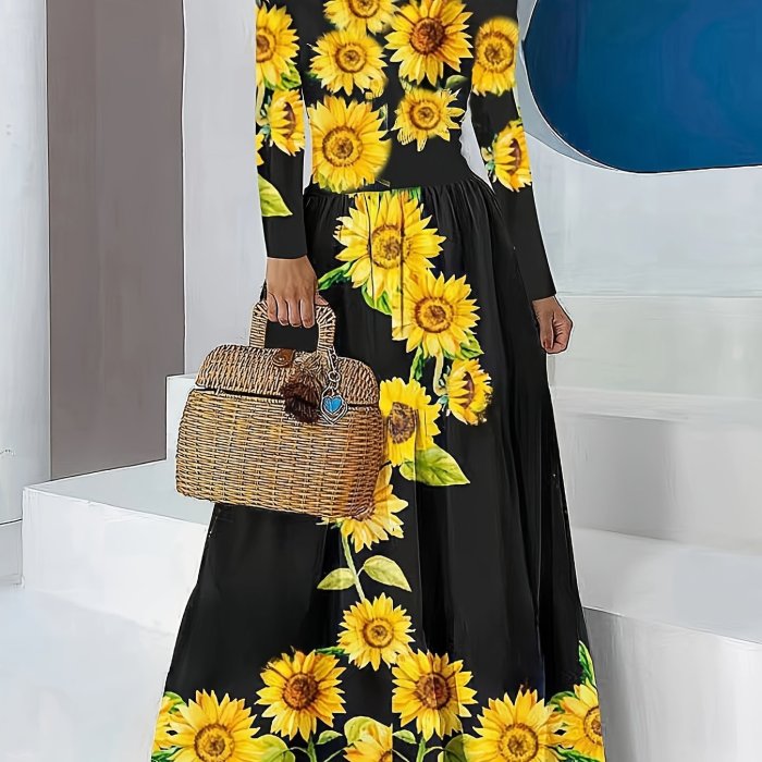 Sunflower Print Off-shoulder Dress, Casual Long Sleeve Maxi Length Dress, Women's Clothing