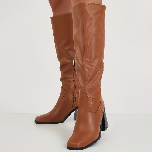 Women's Solid Color Chunky Heel Boots, Fashion Square Toe Dress Boots, Women's Comfortable Knee High Boots