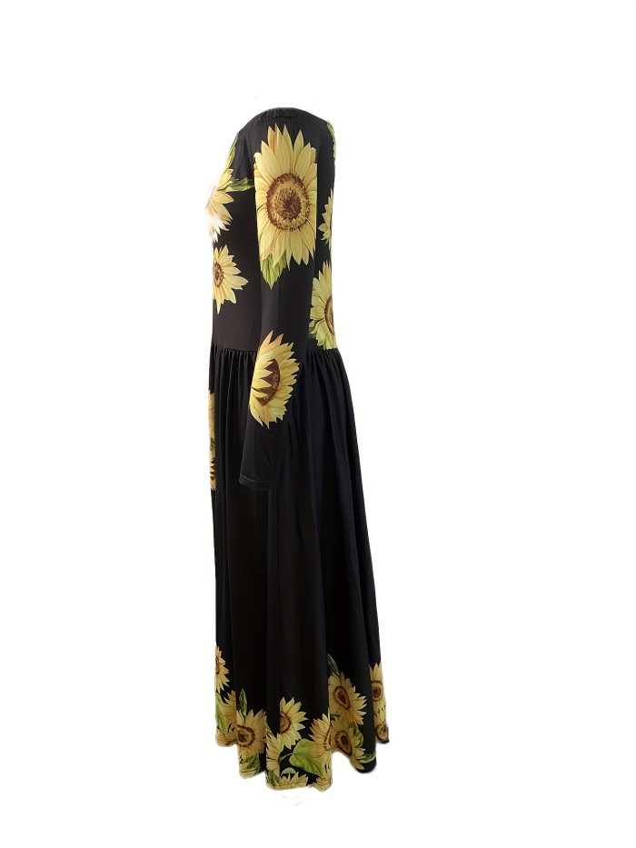 Sunflower Print Off-shoulder Dress, Casual Long Sleeve Maxi Length Dress, Women's Clothing