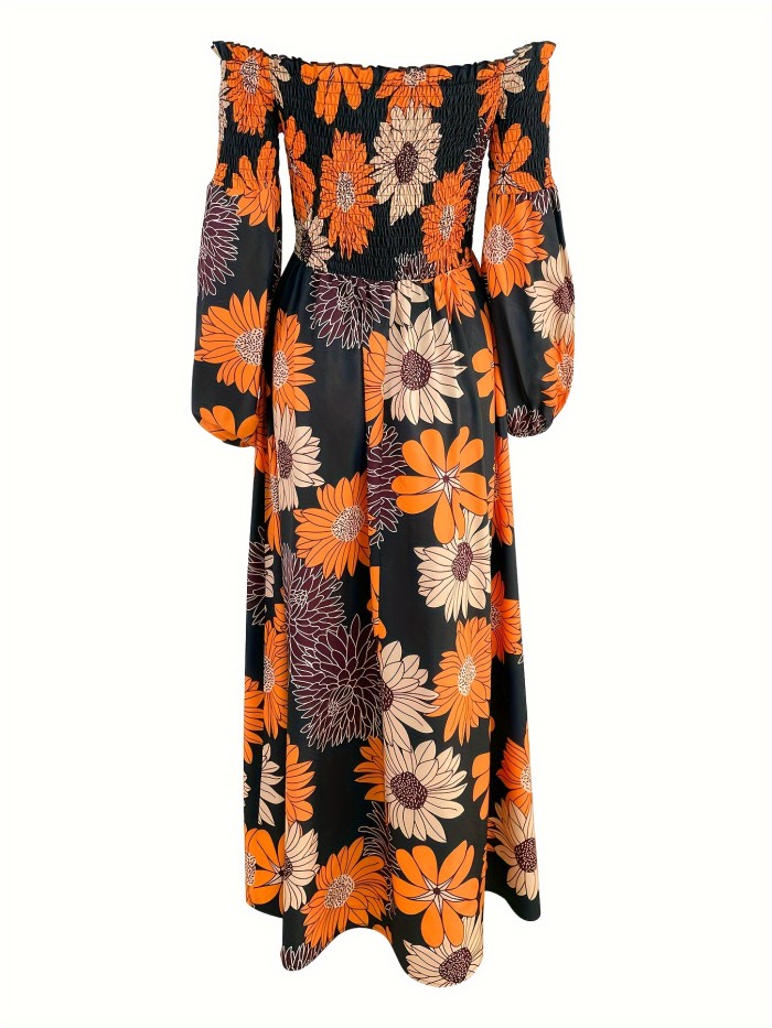 Floral Print Off Shoulder Dress, Elegant Long Sleeve Maxi Dress, Women's Clothing