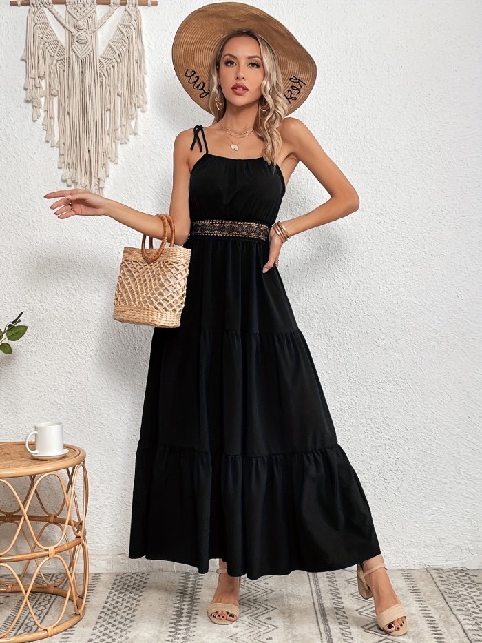 Contrast Lace Lace Up Dress, Elegant Ruched Summer Maxi Dress, Women's Clothing