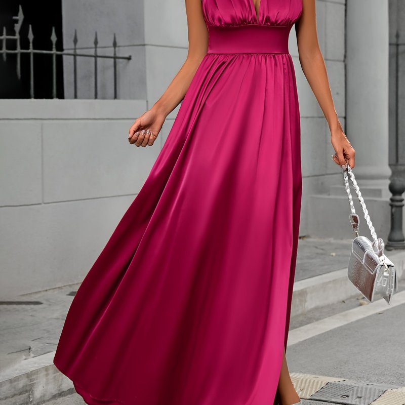 Elegant Solid Slim Ruffle Hem Dress, Sleeveless Split Thigh Ankle Dress For Party & Banquet, Women's Clothing