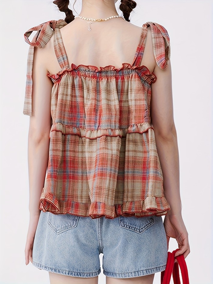 Plaid Print Ruffle Trim Tiered Top, Casual Sleeveless Knot Strap Top For Summer, Women's Clothing