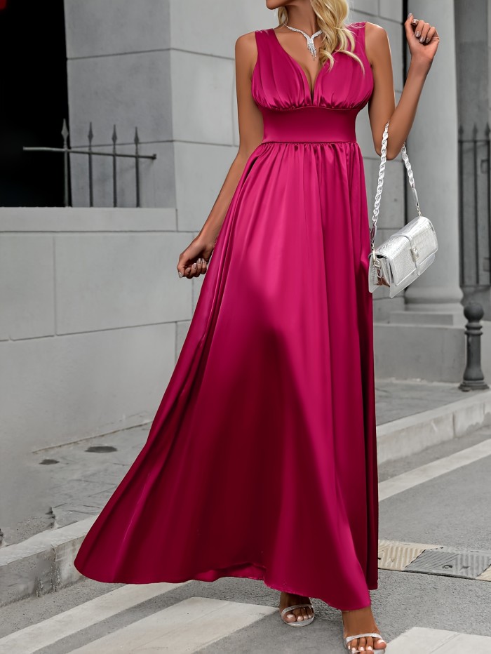 Elegant Solid Slim Ruffle Hem Dress, Sleeveless Split Thigh Ankle Dress For Party & Banquet, Women's Clothing
