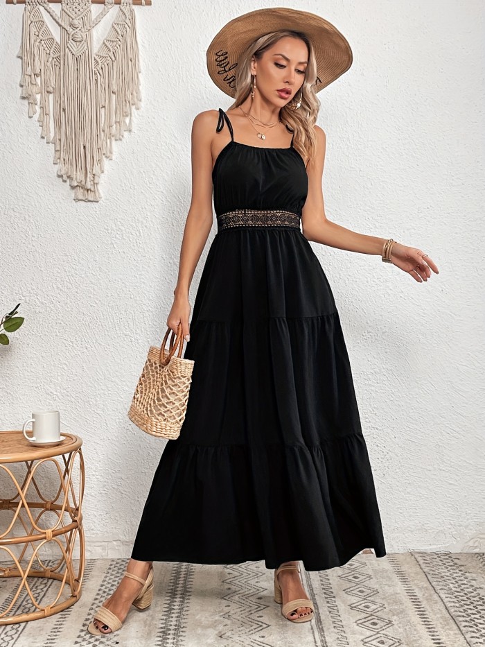 Contrast Lace Lace Up Dress, Elegant Ruched Summer Maxi Dress, Women's Clothing