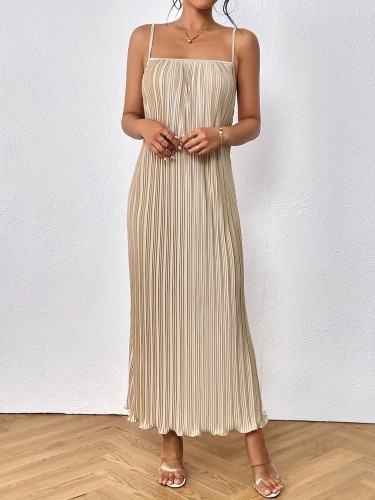 Draped Pleated Solid Cami Dress, Elegant Sleeveless Dress For Spring & Summer, Women's Clothing