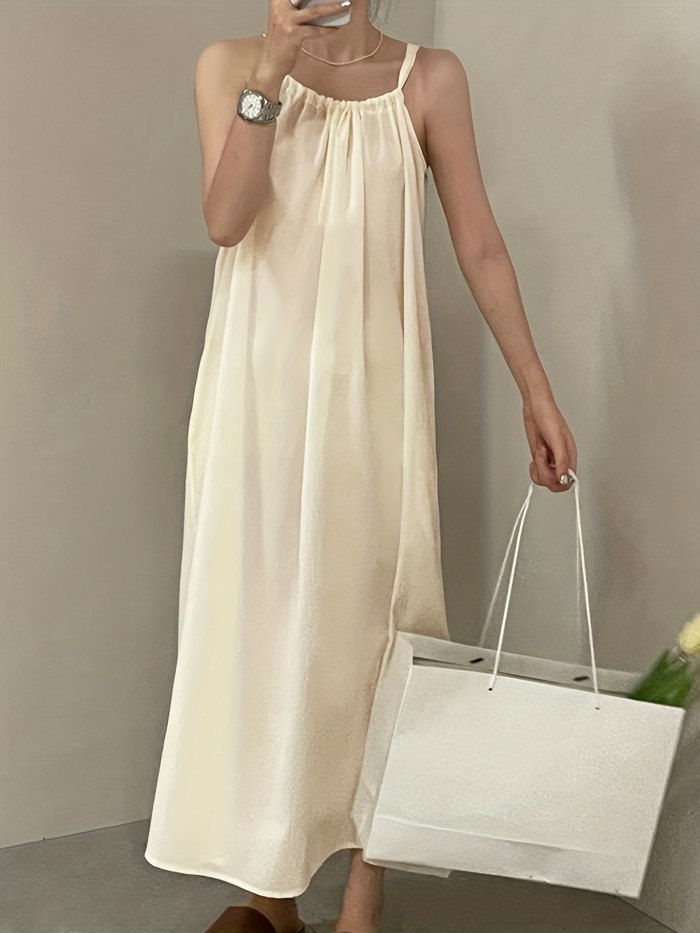Solid Smocked Cami Dress, Elegant Sleeveless Loose Dress For Spring & Summer, Women's Clothing