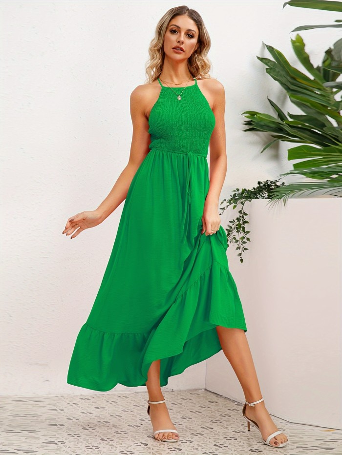 Solid Cami Dress, Elegant Sleeveless Backless Ruffle Hem Dress For Spring & Summer, Women's Clothing