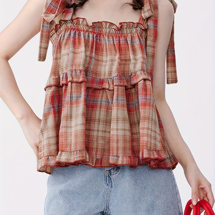 Plaid Print Ruffle Trim Tiered Top, Casual Sleeveless Knot Strap Top For Summer, Women's Clothing