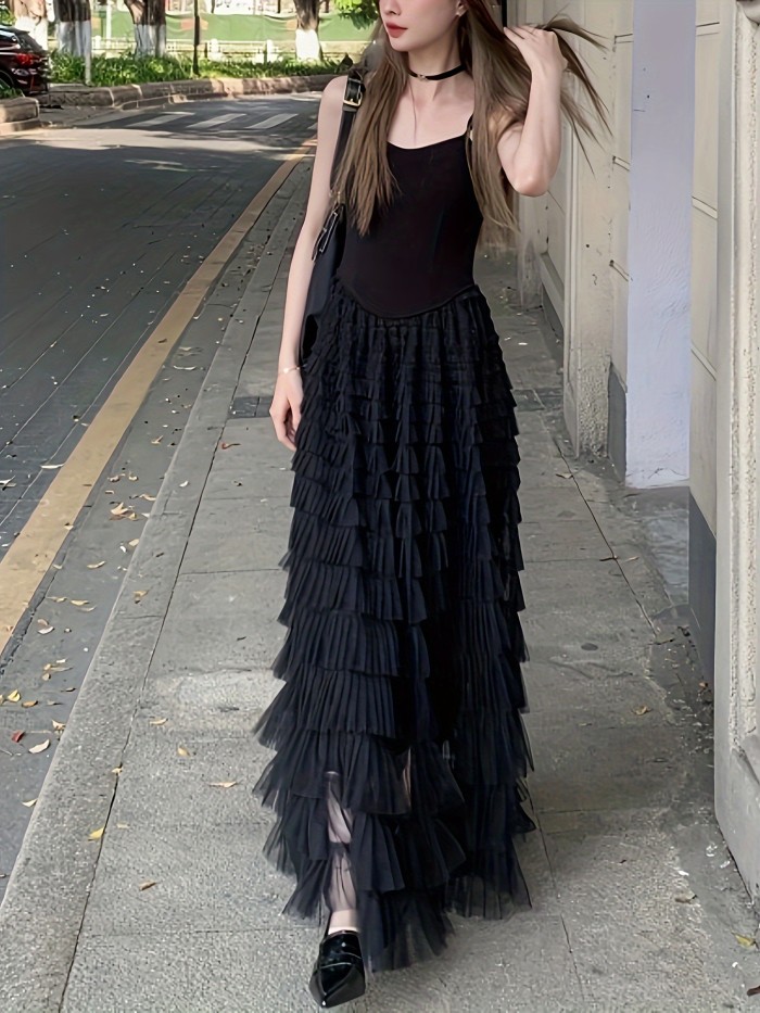 Solid Contrast Mesh Layer Ruffle Dress, Elegant Sleeveless Spaghetti Strap Dress, Women's Clothing