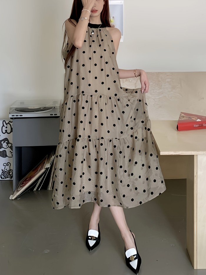 Polka Dot Print Halter Neck Dress, Elegant Sleeve Ruffle Hem Dress For Spring & Summer, Women's Clothing