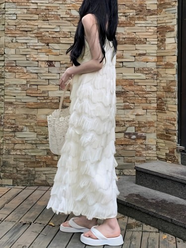 Solid Fringe Hem Cami Dress, Elegant Crew Neck Sleeveless Vacation Style Dress For Spring & Summer, Women's Clothing