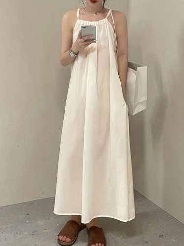 Solid Smocked Cami Dress, Elegant Sleeveless Loose Dress For Spring & Summer, Women's Clothing
