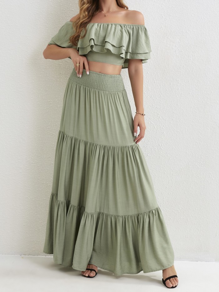Solid Elegant Two-piece Set, Off Shoulder Layered Tops & High Waist Tiered Maxi Skirts Outfits, Women's Clothing