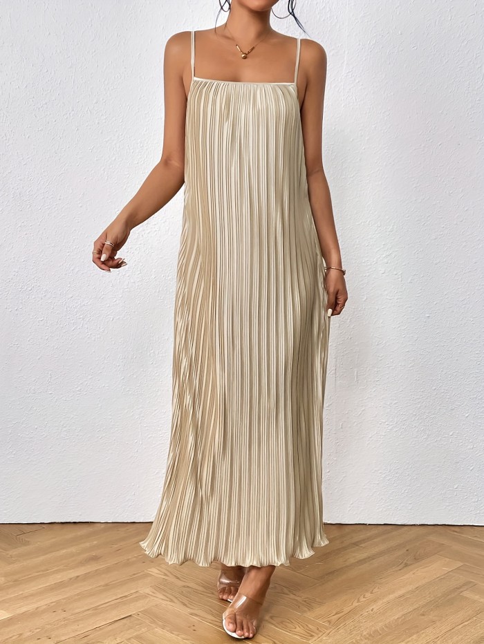 Draped Pleated Solid Cami Dress, Elegant Sleeveless Dress For Spring & Summer, Women's Clothing