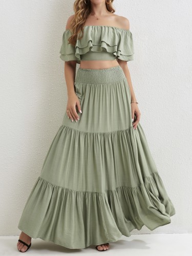 Solid Elegant Two-piece Set, Off Shoulder Layered Tops & High Waist Tiered Maxi Skirts Outfits, Women's Clothing