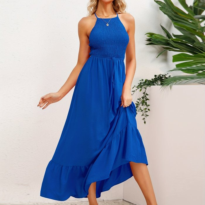 Solid Cami Dress, Elegant Sleeveless Backless Ruffle Hem Dress For Spring & Summer, Women's Clothing