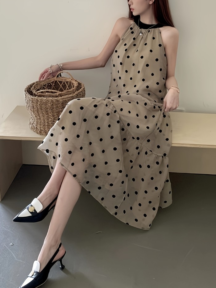 Polka Dot Print Halter Neck Dress, Elegant Sleeve Ruffle Hem Dress For Spring & Summer, Women's Clothing